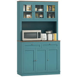 HOMCOM 71" Kitchen Pantry Cabinet, Freestanding Kitchen Hutch with Microwave Stand, 2 Drawers and Adjustable Shelves, Bar Cabinet with Glass and Recessed Doors for Dining Room, Green HOMCOM