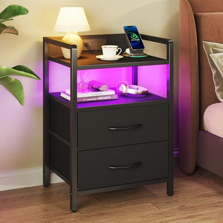 HONGOUZWL Night Stand with Charging Station, LED Nightstand with Storage 2 Shelfs & 2 Fabric Drawers, Morden End Table with U-S-B Ports & AC Outlets, Black HONGOUZWL