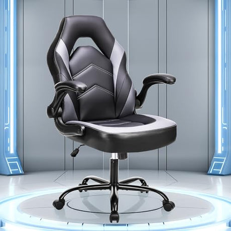 OLIXIS Big and Tall Office Desk Leather Gaming Computer Chair with Adjustable Swivel Task and Flip-up Arms for Adults, Teens, Grey OLIXIS