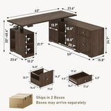63" L-Shaped Electric Standing Desk, Executive Standing Desk with File Cabinet, Height Adjustable Sit Stand Desk with Storage Shelves & Drawers, Corner Computer Desk with Power Outlet, Brown Squireewo