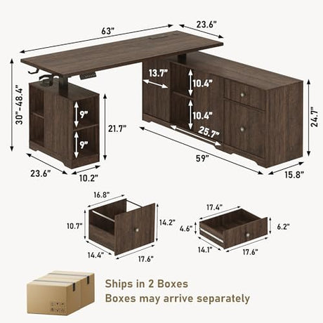 63" L-Shaped Electric Standing Desk, Executive Standing Desk with File Cabinet, Height Adjustable Sit Stand Desk with Storage Shelves & Drawers, Corner Computer Desk with Power Outlet, Brown Squireewo