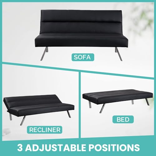 Naomi Home Zoe Futon Sofa Bed, Black Faux Leather, 3-Position Convertible, Space-Saving, 68.9" W Naomi Home