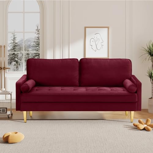 RXRRXY 67" Modern Velvet Loveseat Sofa Couch, Mid-Century Tufted Upholstered Small Love Seat Couch with 2 Pillows & 4 Golden Legs, 2-Seats Couches for Compact Space, Living Room, Apartment (Burgundy) RXRRXY