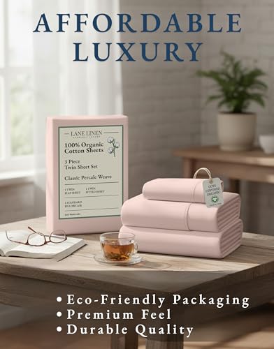 LANE LINEN Eco Friendly 100% Organic Cotton Twin Sheet Set, Hotel Quality Premium Bedding Sheets & Pillowcases Set Twin Size, Soft & Comfy Percale Sheets, Machine Wash Bed Sheets- Sepia Rose LANE LINEN