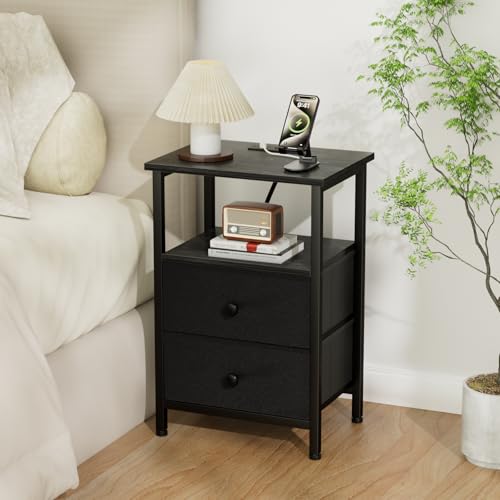 LOAKEKEL Nightstand with Charging Station, End Table with 2 Fabric Drawers, Night Stand for Bedroom, Small Bed Side Table with USB Ports and Outlets for Living Room, Black, HETS020BK-1 LOAKEKEL