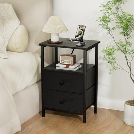 LOAKEKEL Nightstand with Charging Station, End Table with 2 Fabric Drawers, Night Stand for Bedroom, Small Bed Side Table with USB Ports and Outlets for Living Room, Black, HETS020BK-1 LOAKEKEL