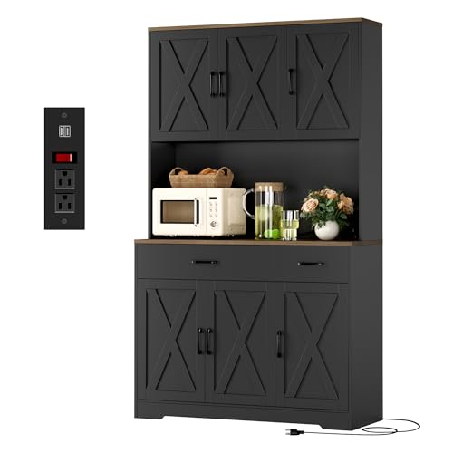 HOSTACK 71" Pantry Cabinet with Charging Station, Tall Kitchen Pantry Storage Cabinet with Microwave Stand, Farmhouse Kitchen Hutch Cabinet with Storage Drawers for Living Room, Dining Room, Black HOSTACK