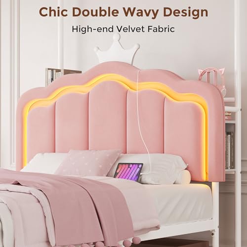 Full Velvet Upholstered LED Canopy Bed Frame with 2 Storage Drawers and Charging Station, Crown Headboard with Bookshelf, Two-Use Princess Platform Bed with 4 Removable Posts,Metal Slats Support-Pink Jocoevol