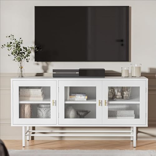 Cozy Castle TV Stand for 50 55 Inch TVs, Modern Entertainment Center with Acrylic Doors Storage, Mesa para TV with Metal and Wood, Modern TV Console for Living Room, Bedroom, White