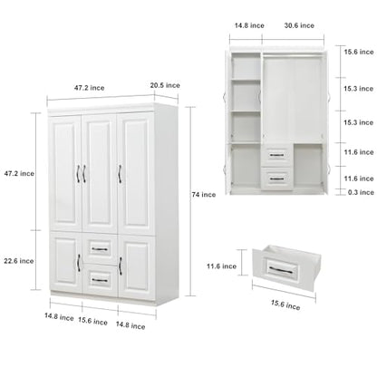 ModMakers 74''H Closet Wardrobe Closets 3 Doors Armoire Wardrobe Closet Wood White Storage Closet Wardrobe Cabinet Bedroom Armoires with Hanging Rod 2 Drawers Clothes Wooden Cabinet