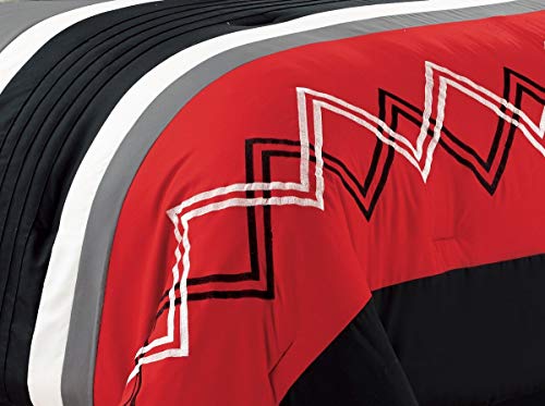 Chezmoi Collection Arden 7-Piece Modern Pleated Stripe Embroidered Zigzag Bedding Comforter Set (Full, Red/Black/Gray/Off-White) Chezmoi Collection
