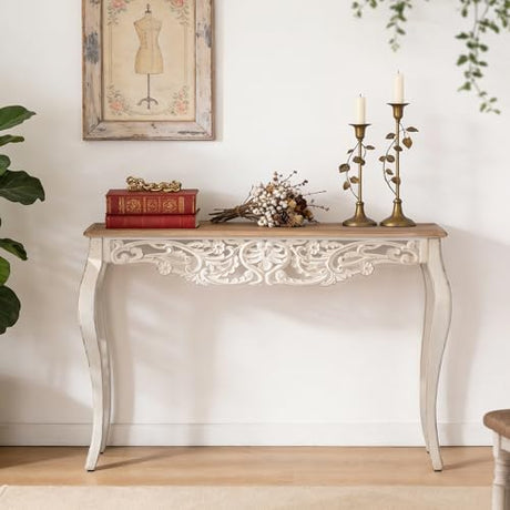 Console Table for Entryway with Carved Details, 43.31" Long Sofa Table Behind Couch, Vintage French Country Entry Table with Wood Carvings and Curved Legs for Hallway, Living Room - Antique White Dorivibe