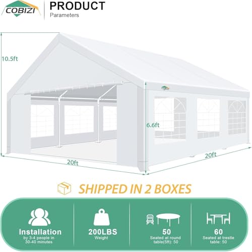 COBIZI 20x20FT Tents for Parties Heavy Duty Canopy, Carpas para Fiestas with 4 Removable Sidewalls with Built-in Sandbag, Waterproof, UV50+, White COBIZI