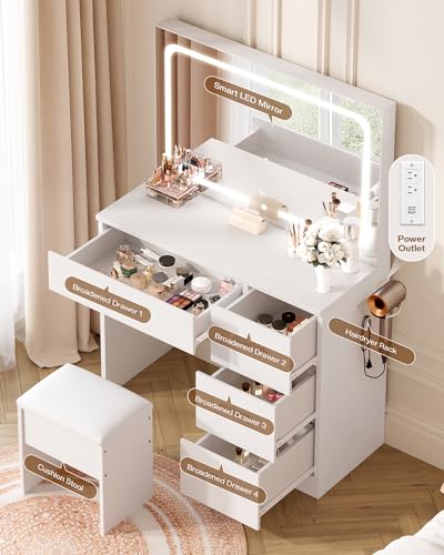 LIVELYGLOW Makeup Vanity Desk Set, White, 35.4“W x 15.7" D x 53.9" H (Large Smart LED Mirror, with Cushion Stool, Hairdryer Rack, Power-Outlet, 4 Drawers) LIVELYGLOW