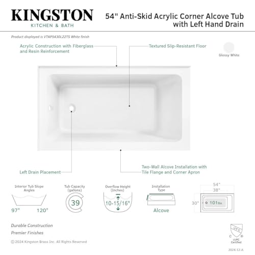 Aqua Eden VTAP5430L22TS 54-Inch Acrylic 2-Wall Corner Alcove Tub with Left Hand Drain, White Kingston Brass