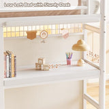 Low Loft Bed Twin Size with 7 Storage Drawers, Desk and LED Lights, Heavy Duty Metal Kids Loft Bed with 12" H Safety Guardrail, Anti-Collision Pad, Private Play Curtain, Under-Bed Play Space (White) Jocoevol