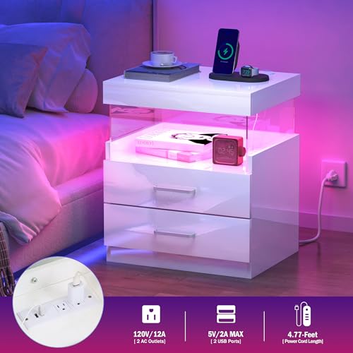 WelFurGeer High Glossy Night Stand, White LED Night Stand with Charger Station, Bedside Table with Drawers, Modern Nightstands, Wood Small Nightstand, Nightstands with Drawers for Bedroom WelFurGeer