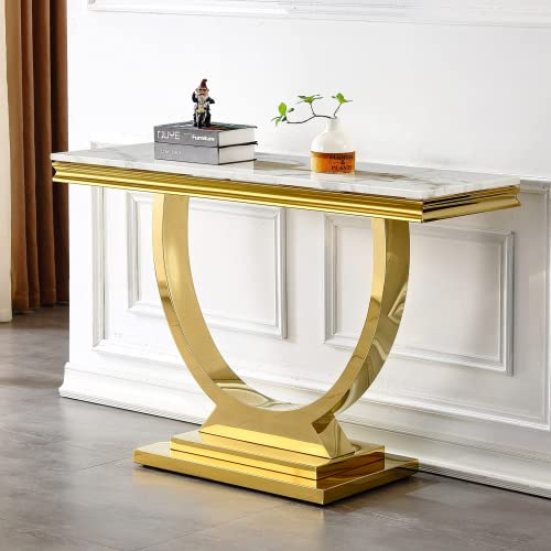 Goujxcy Coffee Tables Set of 4 for Living Room, Marble Console Table & Coffee Table and 2 End Tables Set, Faux Marble Top&Gold O-Shape Steel Base, 4 Pieces Living Room Table Sets for Apartment Office Goujxcy