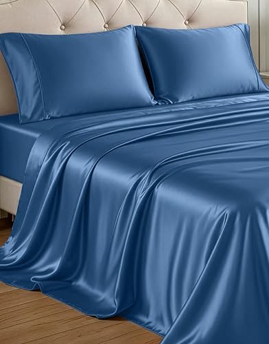 Casa Platino Satin Sheets Twin Size - Smooth Twin Sheets with 15 Inch Deep Pocket Fit, Makes for a Cool Nights Sleep, Great for Hot Sleepers, Helps with Hair Protection, Wrinkle-Resistant - Dark Blue Casa Platino