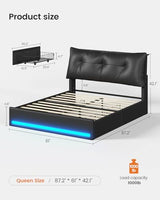 AOGLLATI Upholstered Queen Bed Frame with RemovableThick Backrest Headboard, Led Bed Frame Queen Size with 4 Storage Drawers and Charging Station, No Spring Box Needed, Black AOGLLATI