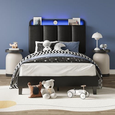 BarnFurin Twin Bed Frame with LED Lights, Upholstered Platform Bed with Storage Headboard, Single Bed Frame, Noise-Free, No Box Spring Needed, Easy Assembly, Black BarnFurin