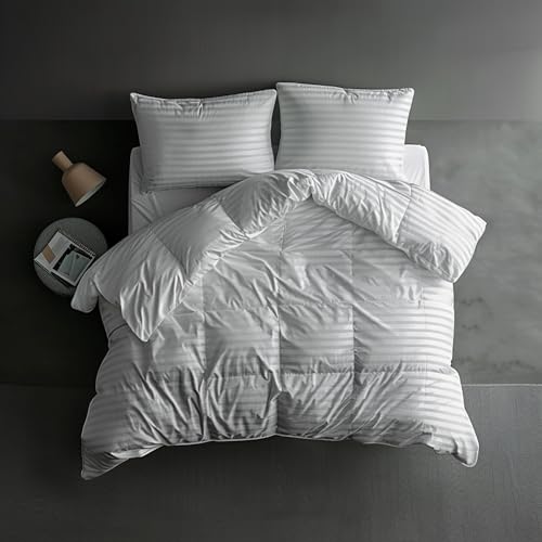 Hotel Grand Luxury White Down Comforter Twin Size, 600 Fill Power All Season Down Duvet Insert Twin, 500 Thread Count 100% Cotton Hotel Bedding Comforters with Stripe Pattern, Made in USA 68x90 Inch Hotel Grand
