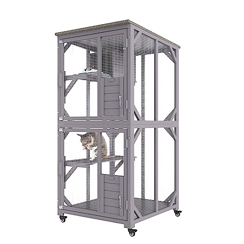 VEVOR 3-Tier Cat Playpen Catio with Wheels, Resting Box, Waterproof Roof, Windows & Doors, Removable Tray