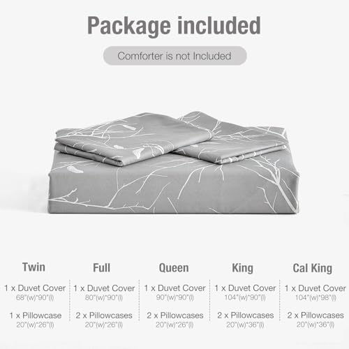 Lekesky Reversible Duvet Cover Queen Size, Grey White Branch Comforter Cover Queen 3pcs Microfiber Botanical Bedding Set with Zipper Closure Corner Ties Lekesky