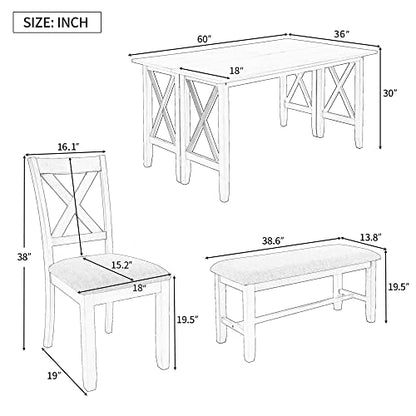 Merax 6 Piece Dining Room Table Set, Rustic Farmhouse Dining Room Foldable Table with 4 Upholstered Chairs and Bench, Solid Wood Kitchen Dining Table Set for 6 Persons (Gray) - WoodArtSupply