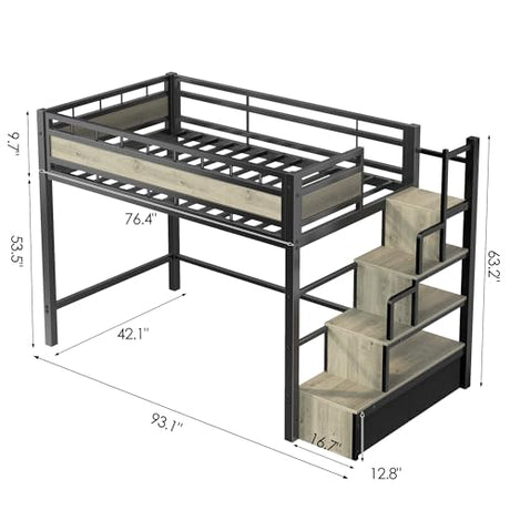 SogesSleep Loft Bed Twin Size with Stairs, More Sturdy Metal Loft Bed with Built-in Storage Stairs and Large Under-Bed Space, Used for Teens, Space Saving for Apartment or Dorm, No Box Spring, Black SogesSleep