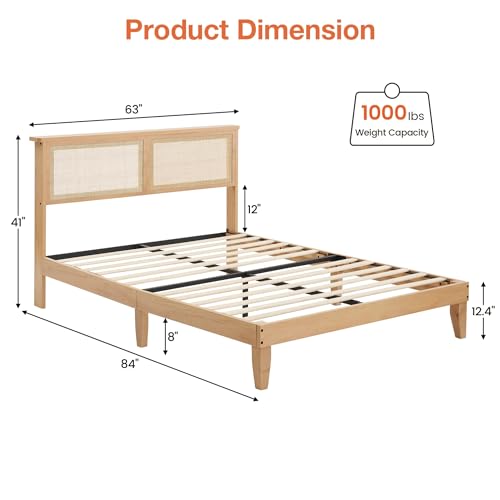 Solid Wood Queen Bed Frame with Rattan Headboard and LED Lights - Modern Design and Under-bed Storage - WoodArtSupply