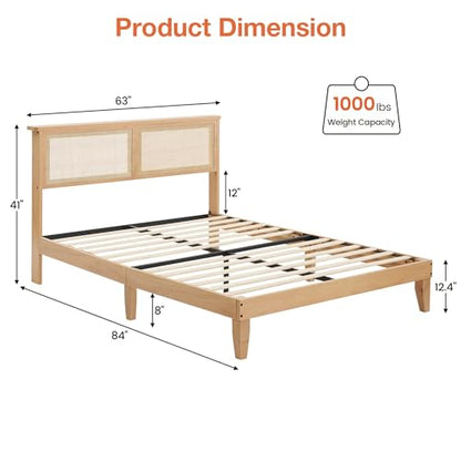 Solid Wood Queen Bed Frame with Rattan Headboard and LED Lights - Modern Design and Under-bed Storage - WoodArtSupply