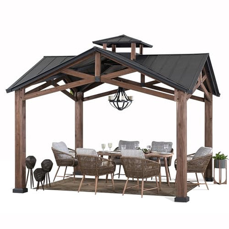 Sunjoy 12.5 x 12.5 ft. Hardtop Gazebo Outdoor Cedar Frame Wood Gazebo with Steel 2-Tier Hardtop Roof and Ceiling Hook, Black by SummerCove Sunjoy