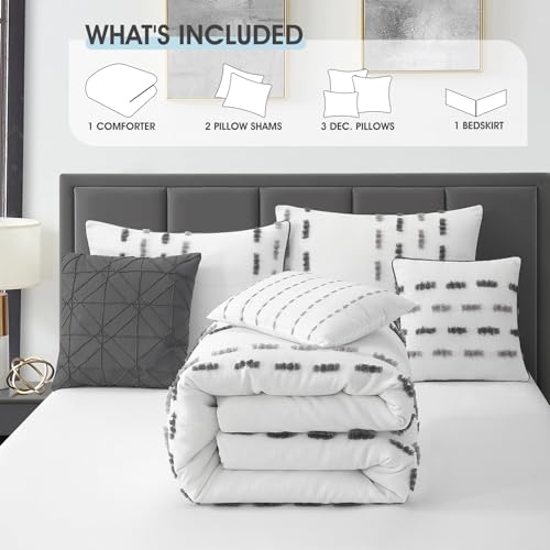 LANCO MODERN LIFESTYLE White Grey 7 Piece Comforter Set, King, Clip Waffle Texture Stripe Design, Soft Polyester Bedding for All Seasons, Includes Bedskirt, Shams and Decorative Pillows LANCO MODERN LIFESTYLE
