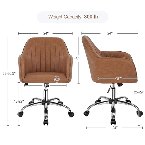 Yaheetech Modern Faux Leather Desk Chair Makeup Chair Height Adjustable Swivel Office Task Computer Armchair for Living Room Retro Brown Yaheetech