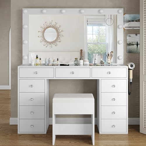Yanosaku Vanity Desk & Power Outl, Makeup Vanity with Mirror and 12 LED Lights, Makeup Table with 11 Drawers, Vanity Table with Chair,Set 3 Lighting Modes Brightness Adjustable-(White) Yanosaku