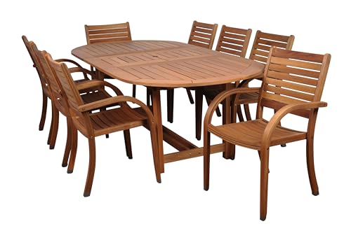 Amazonia Arizona 9 Piece Oval Outdoor Dining Set | Eucalyptus Wood | Durable and Ideal for Patio and Backyard - WoodArtSupply