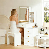 KAMABOKO Vanity Desk with LED Lights Mirror & Power Outlet, Small Makeup Vanity Table Set with 3 LED Lights Modes Adjustable Brightness,Dressing Table for Women and Girls Bedroom (055 White) KAMABOKO