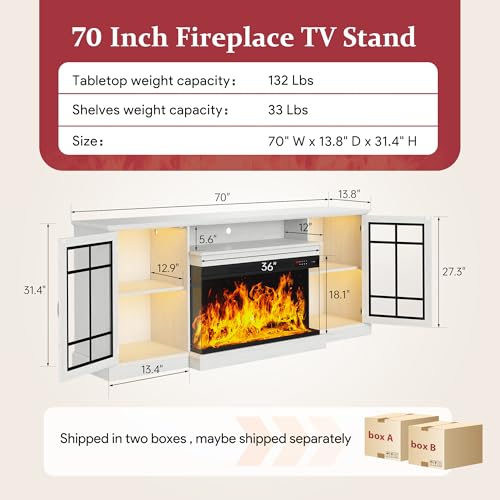 MXV 70'' Fireplace TV Stand, Farmhouse Entertainment Center with 3 Sided Glass TV Stand, Modern Media Console Table with Storage Drawers & Cabinets with LED Flame and Lights for Living Room, White MXV
