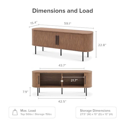 mopio Quin 59" Tambour TV Stand, Fluted Entertainment Center, Mid Century Modern TV Console, Television Stands for 65 Inch TV, Wood Media Storage Cabinet, Table Stand, Living Room (Walnut) - WoodArtSupply