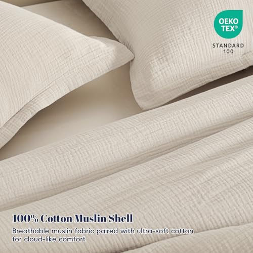 PHF Cotton Muslin Comforter Set Queen – 100% Cotton Cover, Ultra Soft & Breathable, 3PCS Lightweight All-Season Bedding with Polyester Fill, 1 Comforter 90"x90" & 2 Pillow Shams 20"x26", Natural PHF