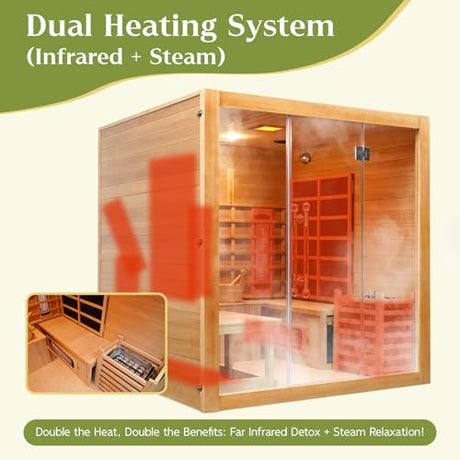 ZONEMEL Indoor Hybrid Sauna with Recliner, Canadian Hemlock Wooden Steam Infrared Sauna House for 2 or 3 People, 8mm Tempered Glass,9 Heaters, Full Spectrum & Carbon Plate & 6KW Harvia Heater, 220V ZONEMEL