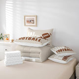 Feelyou Football Comforter Set with Sheets Full Size Rugby Sports 7 Pieces Bedding Set for Kids Boys Girls Teens Beige Brown Sports Ball Game Bed in a Bag Gift for Football Lover Bed Set Feelyou