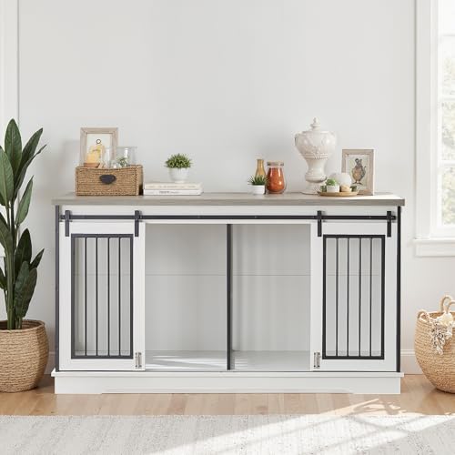 Rovibek 60inch Double Dog Crate Furniture, Wooden Dog Kennel Furniture TV Stand for 2 Dogs with Divider, Large Medium Small Dogs Indoor White Rovibek