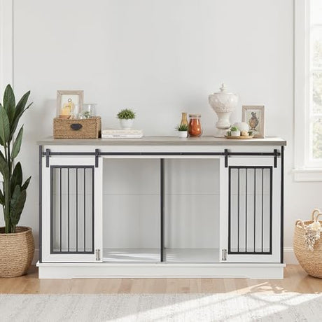 Rovibek 60inch Double Dog Crate Furniture, Wooden Dog Kennel Furniture TV Stand for 2 Dogs with Divider, Large Medium Small Dogs Indoor White Rovibek
