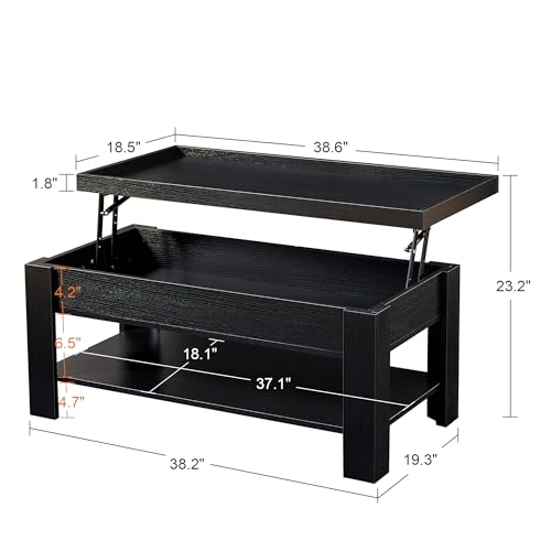 VECELO Lift Top Coffee Table with Storage Shelf and Hidden Compartment for Living Room/Office Reception, Dark Black - WoodArtSupply