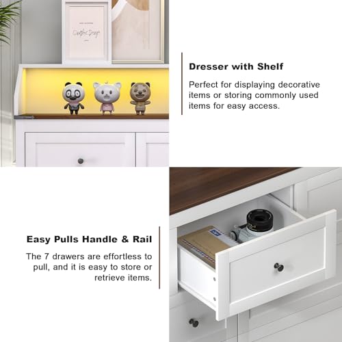 GlouMod LED Dresser with Charging Station, 7 Drawer Dresser for Bedroom, Chest of Drawers with LED Lights, Wood Dresser for Closet, Living Room, Hallway, Kids Room, Large White Dresser - WoodArtSupply