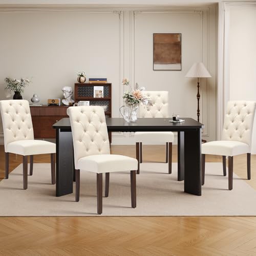MALOL 7-Piece Rectangular Dining Table Set for 6, 63" Industrial Kitchen Table with 6 Tufted Parsons Dinner Chairs for Dining Room, Kitchen, Living Room, Black+Beige MALOL