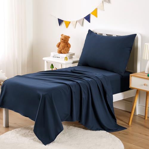 Wake In Cloud - Toddler Bedding Set for Boys Girls, 4 Pieces Soft Crib Bed Set Including Comforter, Sheets and Pillowcase, Navy Blue Wake In Cloud