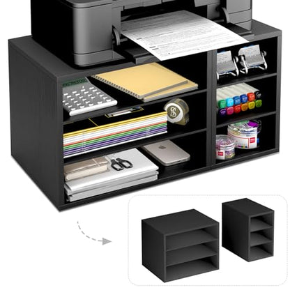 MARTY Printer Stand with Storage for Desk Large Desktop Printer Stand Shelf Riser with 6 Storage Compartments Wood Desk Paper Organzier File Organizer for Home/Office, Black